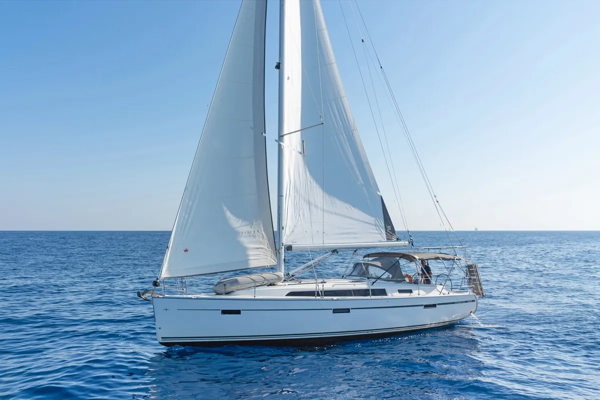 Exterior view of Laertis, a Bavaria Cruiser 41 sailboat at Volos, Greece
