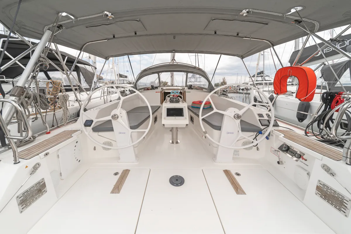 Cockpit of Laertis, a Bavaria Cruiser 41 sailboat at Volos, Greece