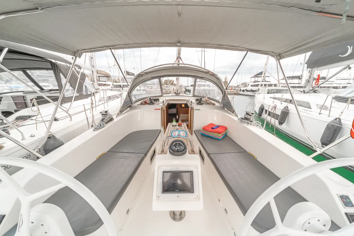 Cockpit of Laertis, a Bavaria Cruiser 41 sailboat at Volos, Greece