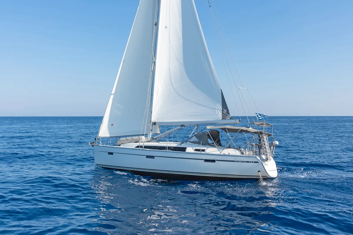 Exterior view of Laertis, a Bavaria Cruiser 41 sailboat at Volos, Greece