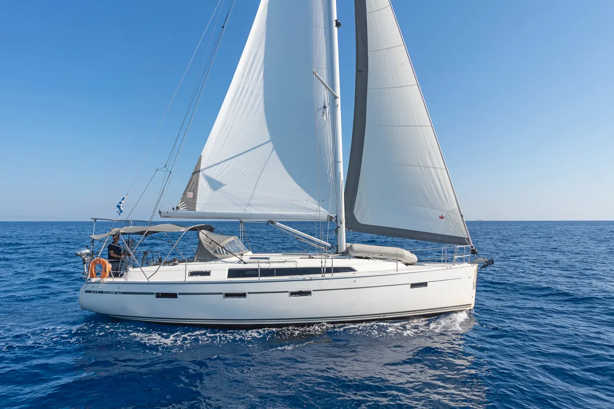 Exterior view of Laertis, a Bavaria Cruiser 41 sailboat at Volos, Greece