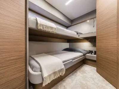Cabin on Dream, a Ferretti Yachts 450 motor yacht at Grad Šibenik, Croatia