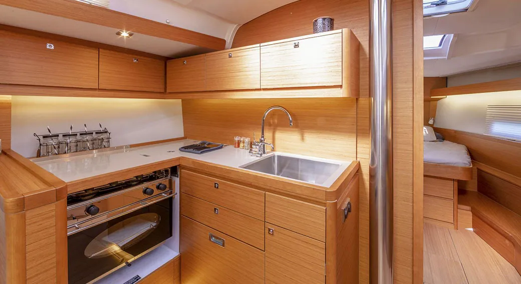 Galley of Trinity, a Dufour 430 sailboat at Athens, Greece