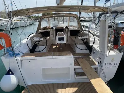 Cockpit of Trinity, a Dufour 430 sailboat at Athens, Greece