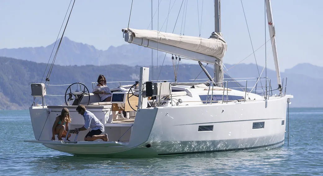 Exterior view of Trinity, a Dufour 430 sailboat at Athens, Greece