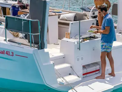 Deck of Sunsail 41.3 Premium Plus, a Dufour 41 sailboat at Dubrovnik, Croatia