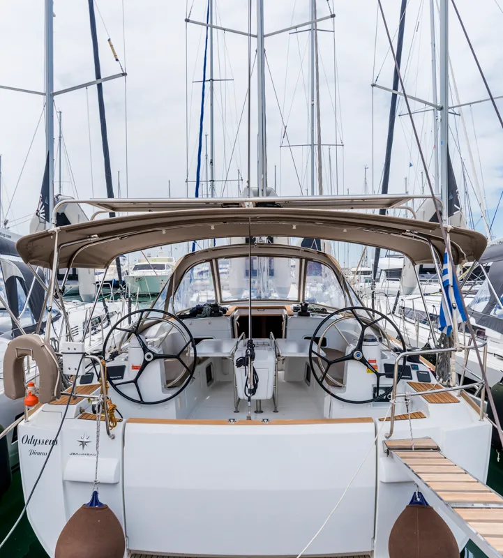 Exterior view of Odysseus, a Jeanneau Sun Odyssey 479 sailboat at Athens, Greece