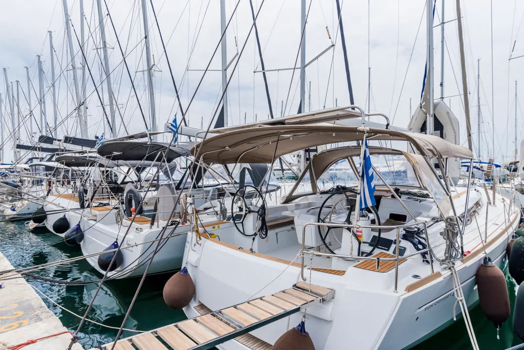 Exterior view of Odysseus, a Jeanneau Sun Odyssey 479 sailboat at Athens, Greece