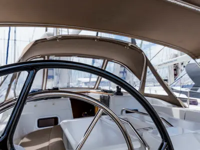 Cockpit of Odysseus, a Jeanneau Sun Odyssey 479 sailboat at Athens, Greece