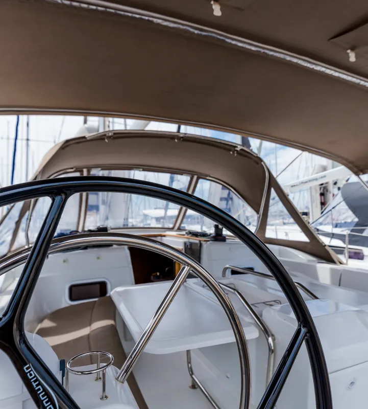 Cockpit of Odysseus, a Jeanneau Sun Odyssey 479 sailboat at Athens, Greece