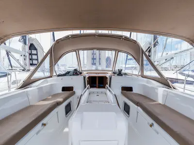 Deck of Odysseus, a Jeanneau Sun Odyssey 479 sailboat at Athens, Greece