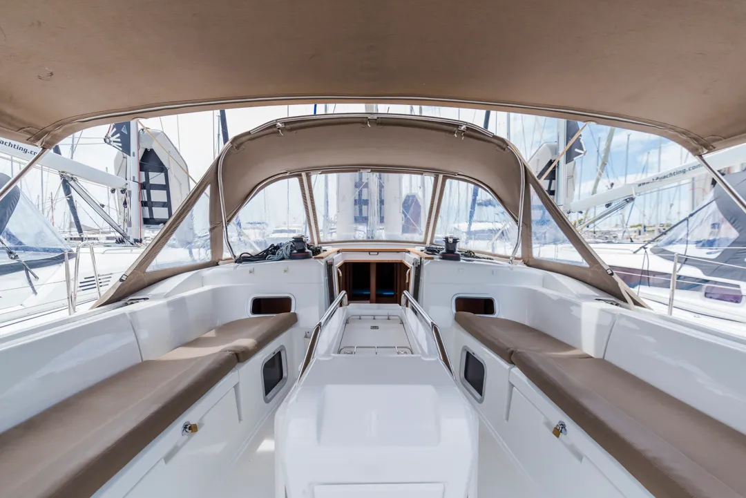 Deck of Odysseus, a Jeanneau Sun Odyssey 479 sailboat at Athens, Greece