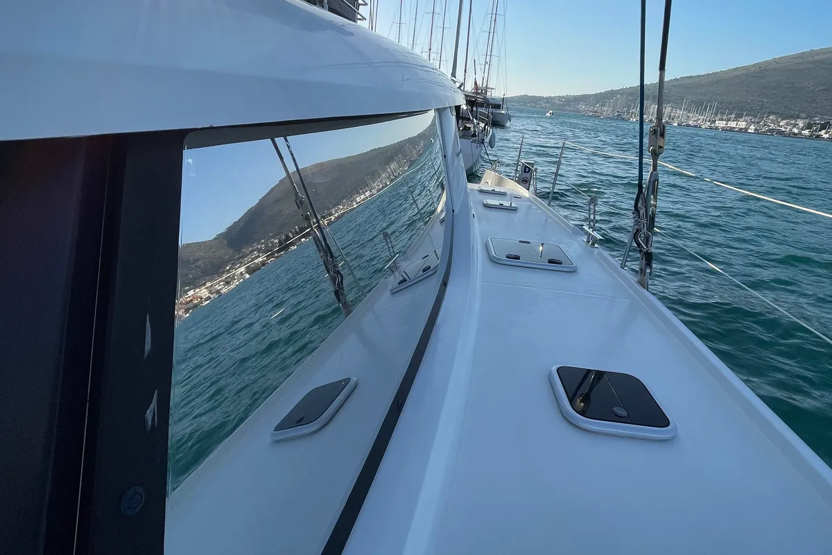 Exterior view of Lamela, a Fountaine Pajot Saba 50 catamaran at Municipal Unit of Lefkada, Greece