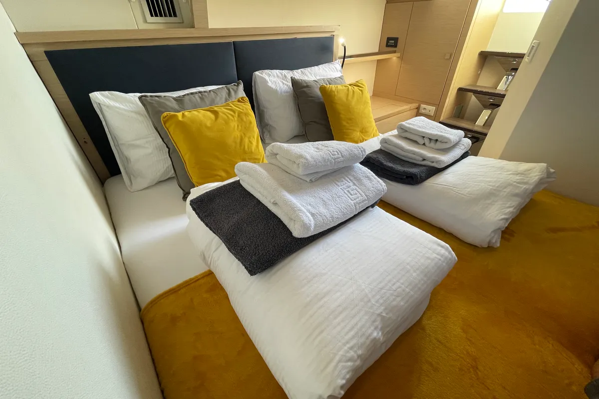 Cabin on Lamela, a Fountaine Pajot Saba 50 catamaran at Municipal Unit of Lefkada, Greece