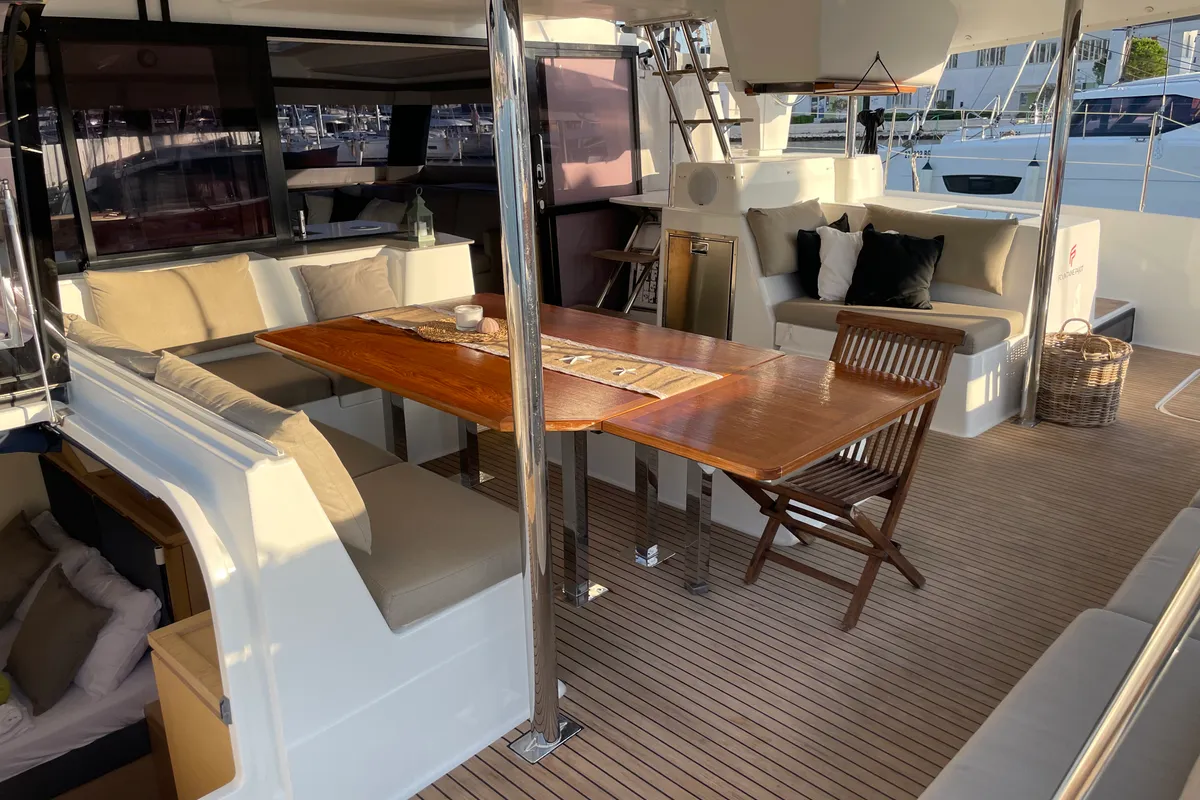 Deck of Lamela, a Fountaine Pajot Saba 50 catamaran at Municipal Unit of Lefkada, Greece