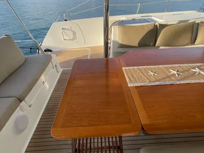 Deck of Lamela, a Fountaine Pajot Saba 50 catamaran at Municipal Unit of Lefkada, Greece
