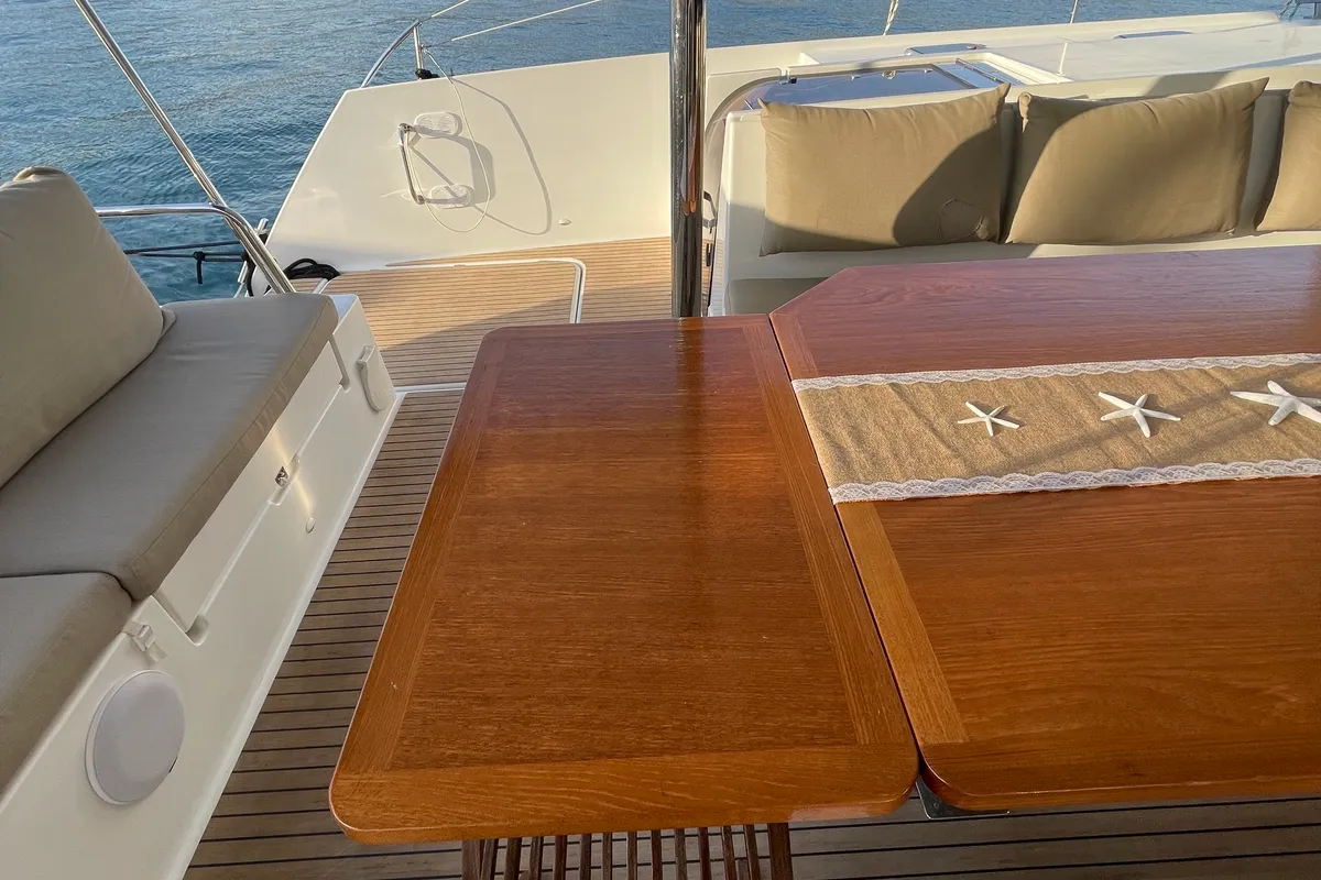 Deck of Lamela, a Fountaine Pajot Saba 50 catamaran at Municipal Unit of Lefkada, Greece