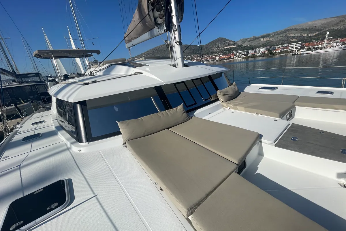 Deck of Lamela, a Fountaine Pajot Saba 50 catamaran at Municipal Unit of Lefkada, Greece