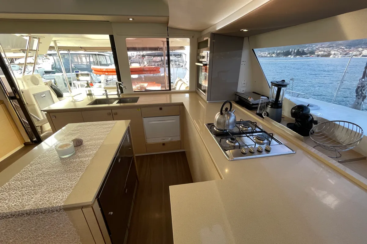 Galley of Lamela, a Fountaine Pajot Saba 50 catamaran at Municipal Unit of Lefkada, Greece