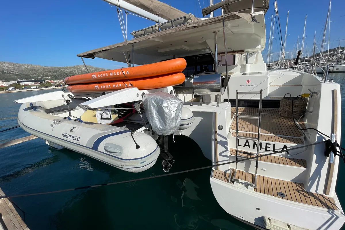 Exterior view of Lamela, a Fountaine Pajot Saba 50 catamaran at Municipal Unit of Lefkada, Greece