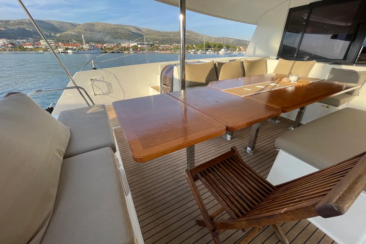 Deck of Lamela, a Fountaine Pajot Saba 50 catamaran at Municipal Unit of Lefkada, Greece