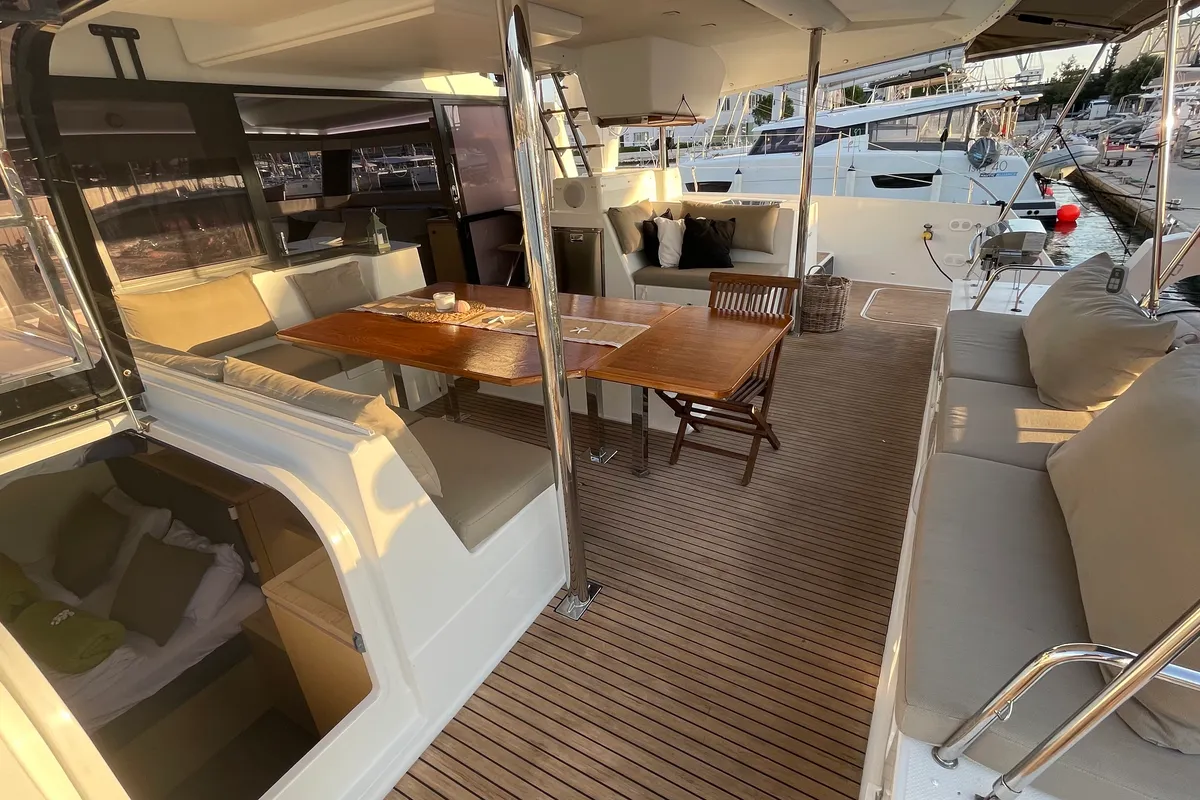 Deck of Lamela, a Fountaine Pajot Saba 50 catamaran at Municipal Unit of Lefkada, Greece