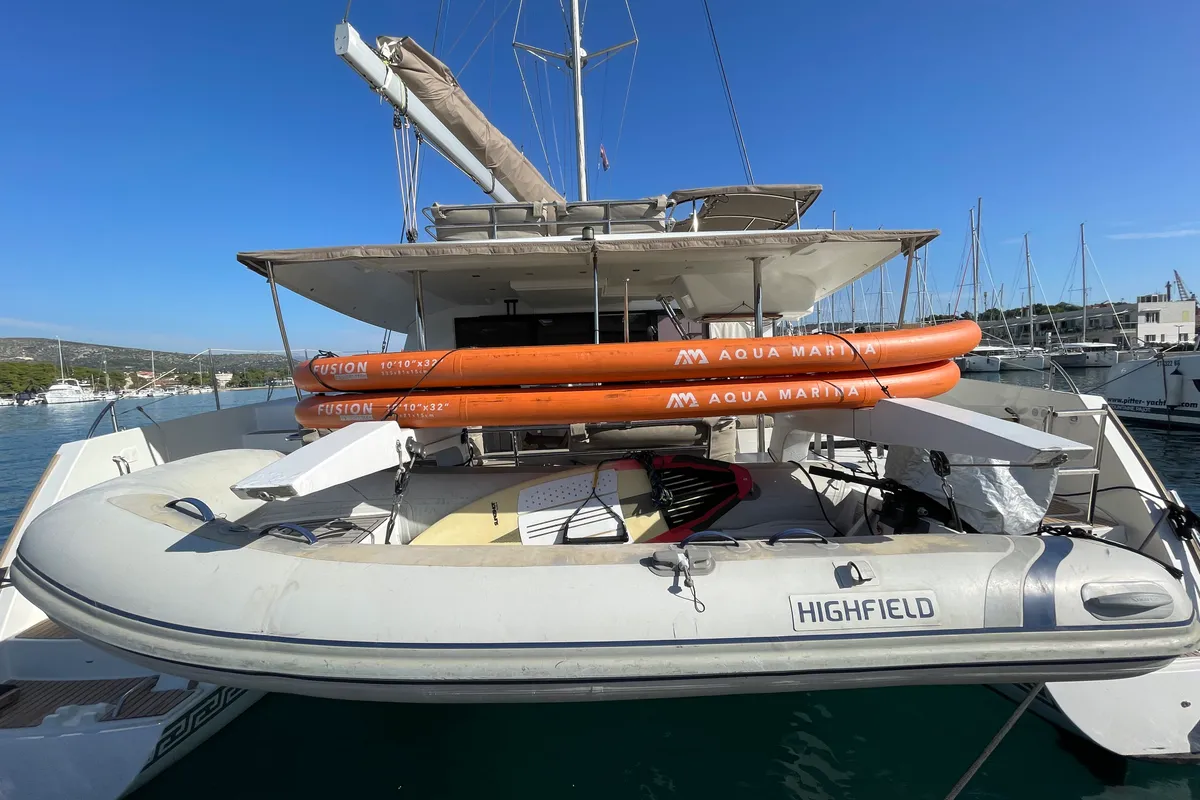 Exterior view of Lamela, a Fountaine Pajot Saba 50 catamaran at Municipal Unit of Lefkada, Greece