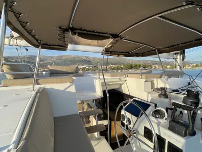 Cockpit of Lamela, a Fountaine Pajot Saba 50 catamaran at Municipal Unit of Lefkada, Greece