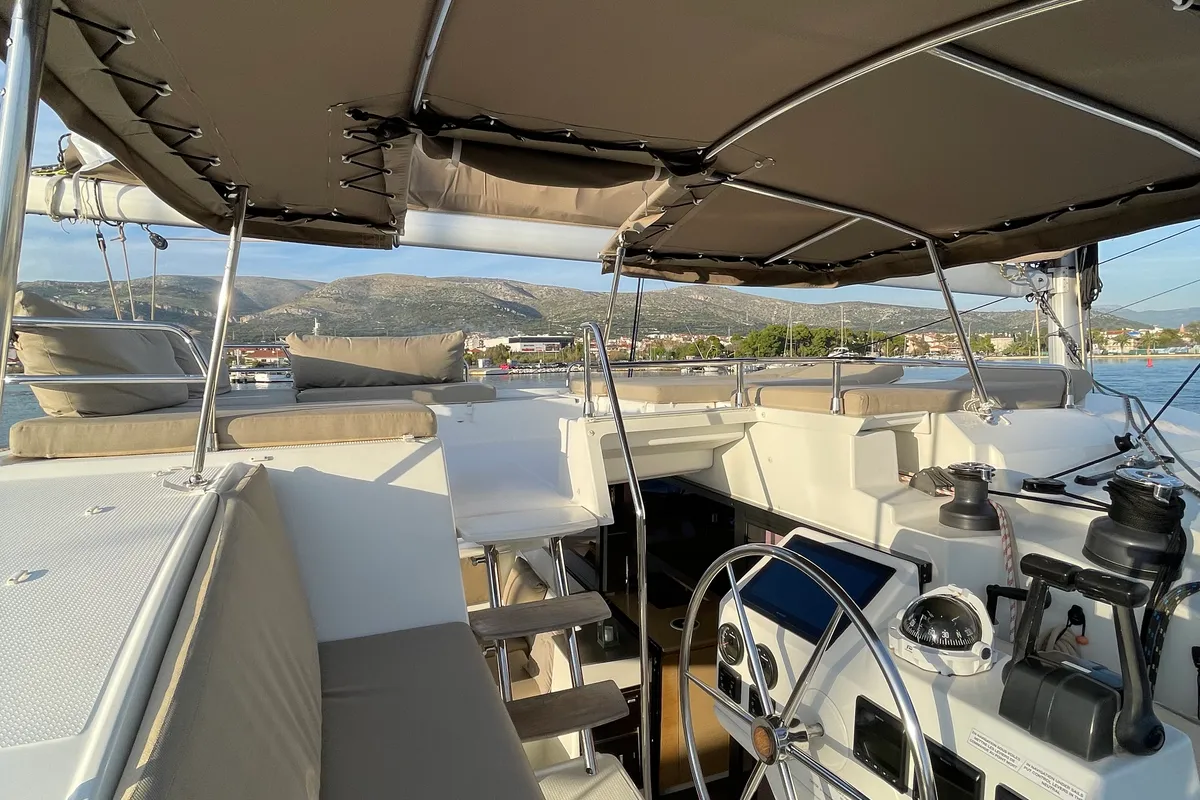 Cockpit of Lamela, a Fountaine Pajot Saba 50 catamaran at Municipal Unit of Lefkada, Greece