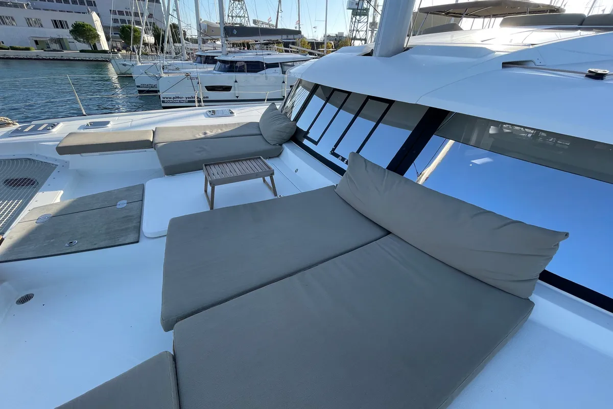 Deck of Lamela, a Fountaine Pajot Saba 50 catamaran at Municipal Unit of Lefkada, Greece