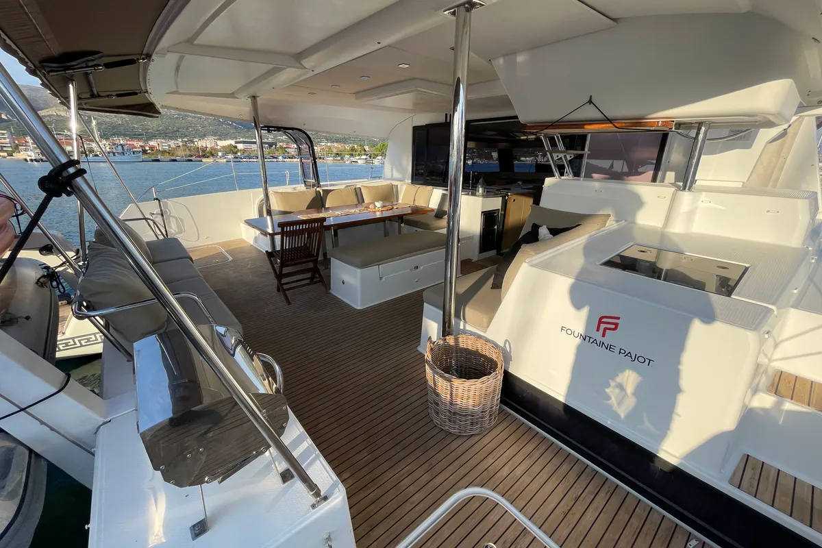 Deck of Lamela, a Fountaine Pajot Saba 50 catamaran at Municipal Unit of Lefkada, Greece