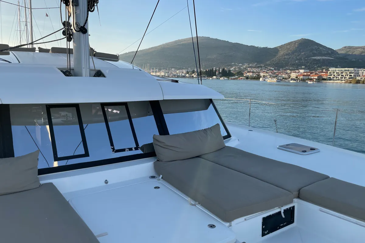 Deck of Lamela, a Fountaine Pajot Saba 50 catamaran at Municipal Unit of Lefkada, Greece