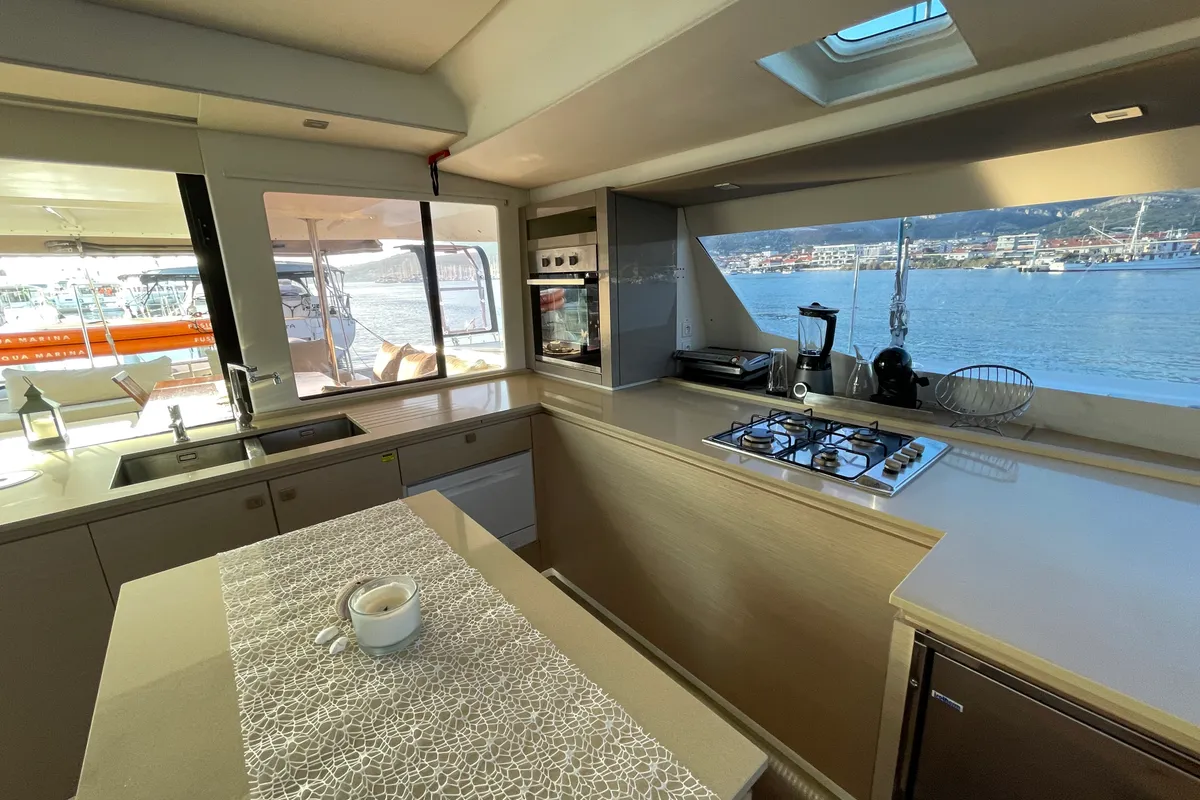 Galley of Lamela, a Fountaine Pajot Saba 50 catamaran at Municipal Unit of Lefkada, Greece