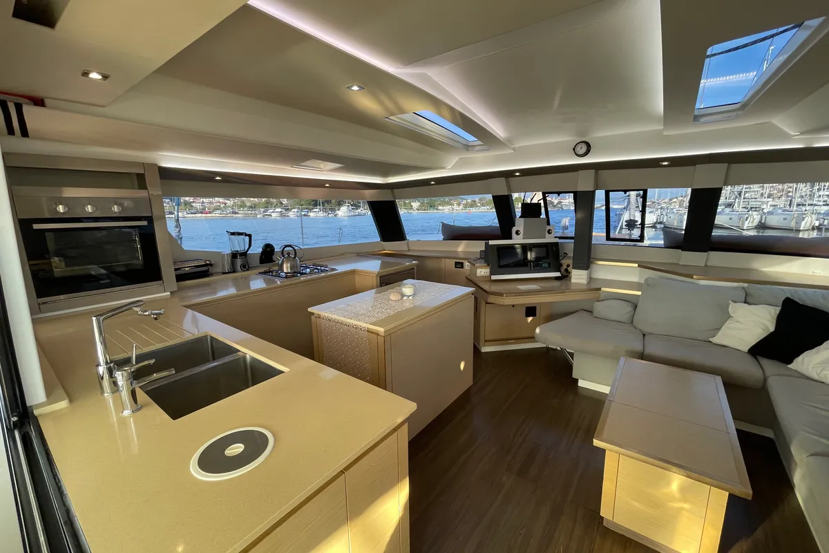 Galley of Lamela, a Fountaine Pajot Saba 50 catamaran at Municipal Unit of Lefkada, Greece