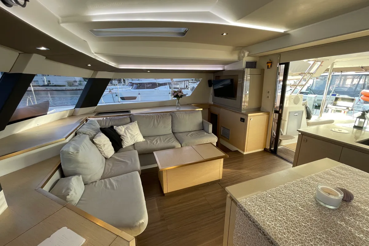 Salon of Lamela, a Fountaine Pajot Saba 50 catamaran at Municipal Unit of Lefkada, Greece