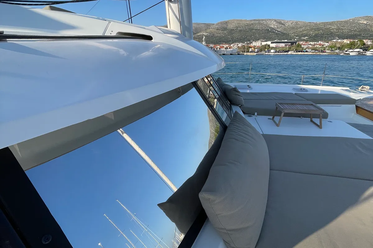 Deck of Lamela, a Fountaine Pajot Saba 50 catamaran at Municipal Unit of Lefkada, Greece