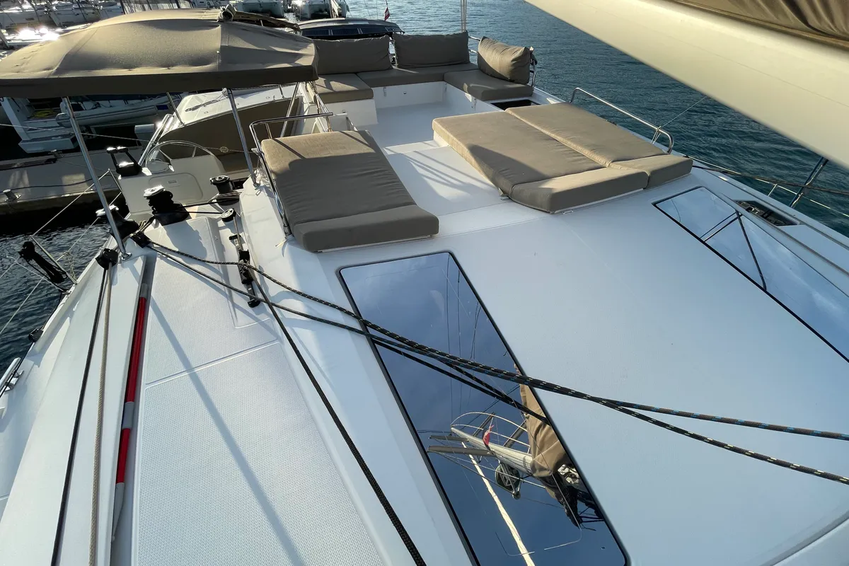 Deck of Lamela, a Fountaine Pajot Saba 50 catamaran at Municipal Unit of Lefkada, Greece
