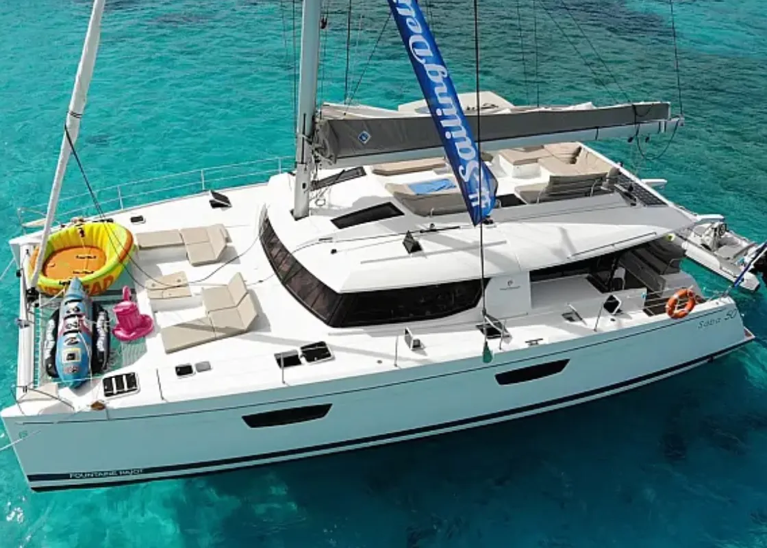 Exterior view of Lamela, a Fountaine Pajot Saba 50 catamaran at Municipal Unit of Lefkada, Greece