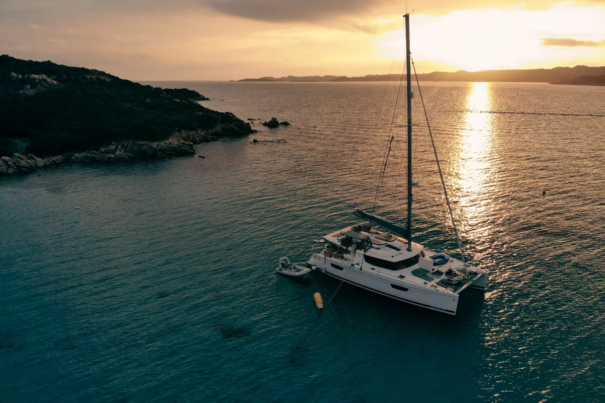 Exterior view of Lamela, a Fountaine Pajot Saba 50 catamaran at Municipal Unit of Lefkada, Greece
