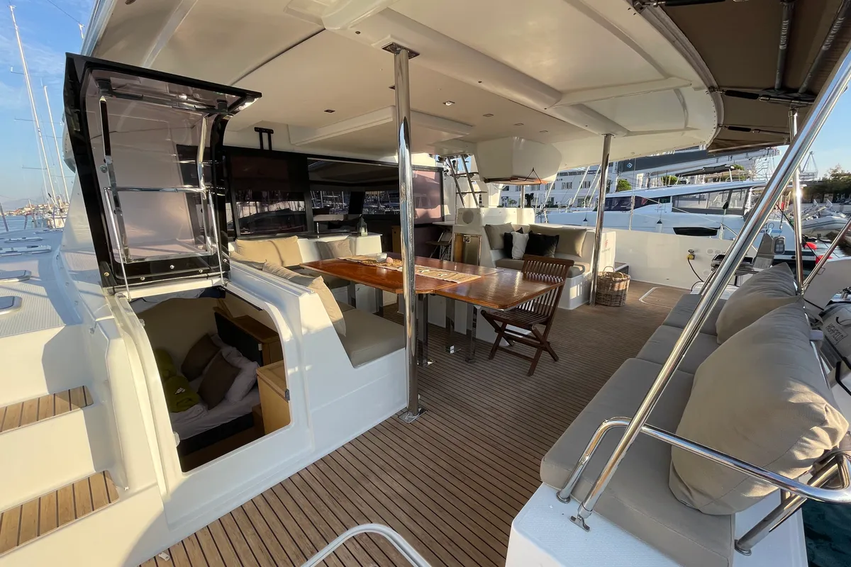 Deck of Lamela, a Fountaine Pajot Saba 50 catamaran at Municipal Unit of Lefkada, Greece