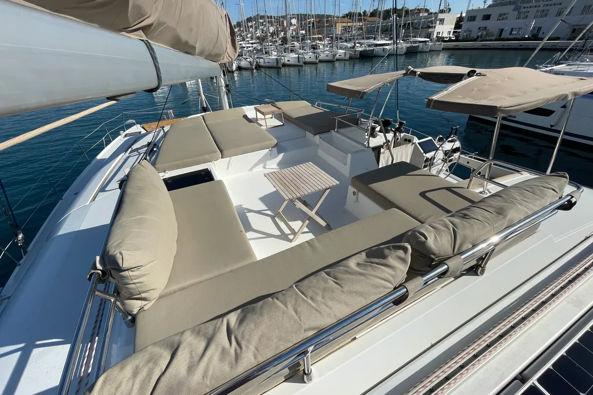 Deck of Lamela, a Fountaine Pajot Saba 50 catamaran at Municipal Unit of Lefkada, Greece