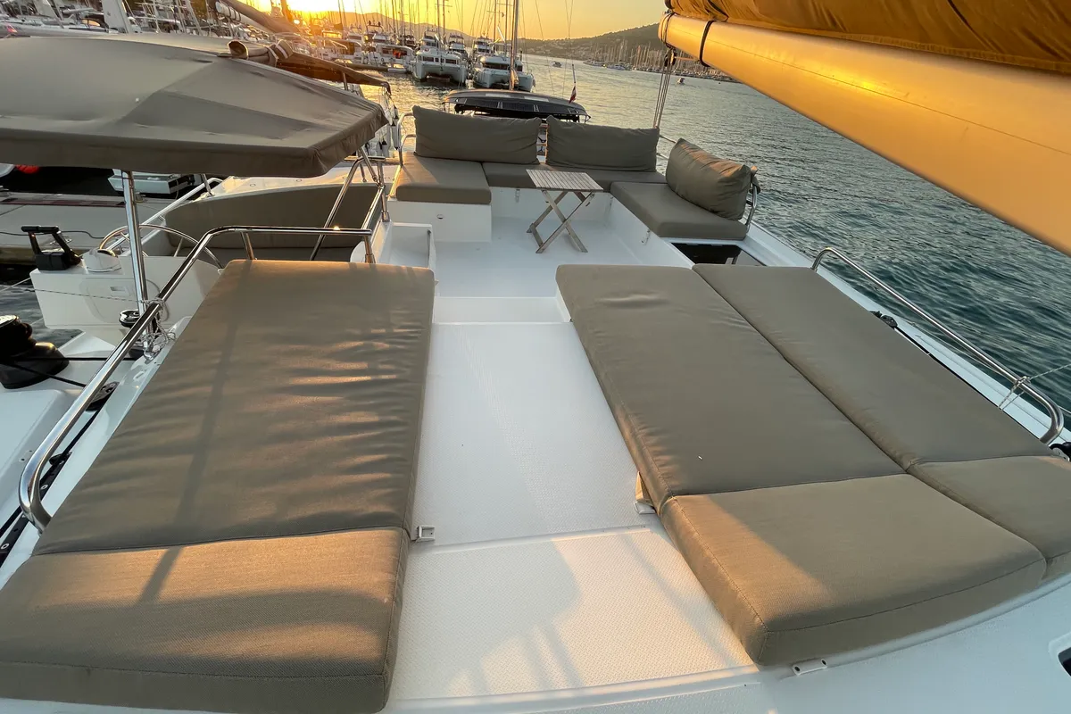Deck of Lamela, a Fountaine Pajot Saba 50 catamaran at Municipal Unit of Lefkada, Greece