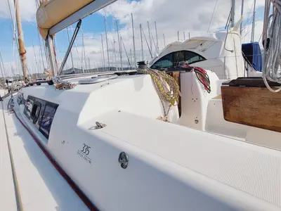 Deck of Caprice 2, a Dufour 335 Grand Large sailboat at Rosignano Solvay, Italy