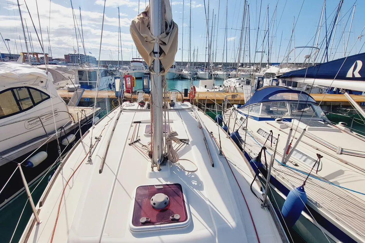 Deck of Caprice 2, a Dufour 335 Grand Large sailboat at Rosignano Solvay, Italy