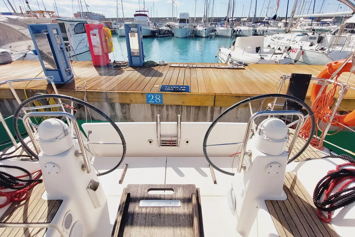Cockpit of Caprice 2, a Dufour 335 Grand Large sailboat at Rosignano Solvay, Italy