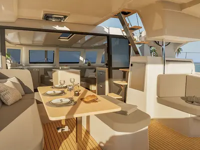 Deck of Keep It Movin', a Fountaine Pajot FP 41 Maesto 3 catamaran at Road Town, British Virgin Islands