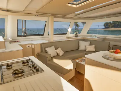Salon of Keep It Movin', a Fountaine Pajot FP 41 Maesto 3 catamaran at Road Town, British Virgin Islands