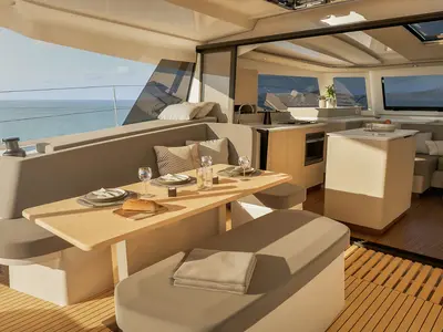 Deck of Keep It Movin', a Fountaine Pajot FP 41 Maesto 3 catamaran at Road Town, British Virgin Islands