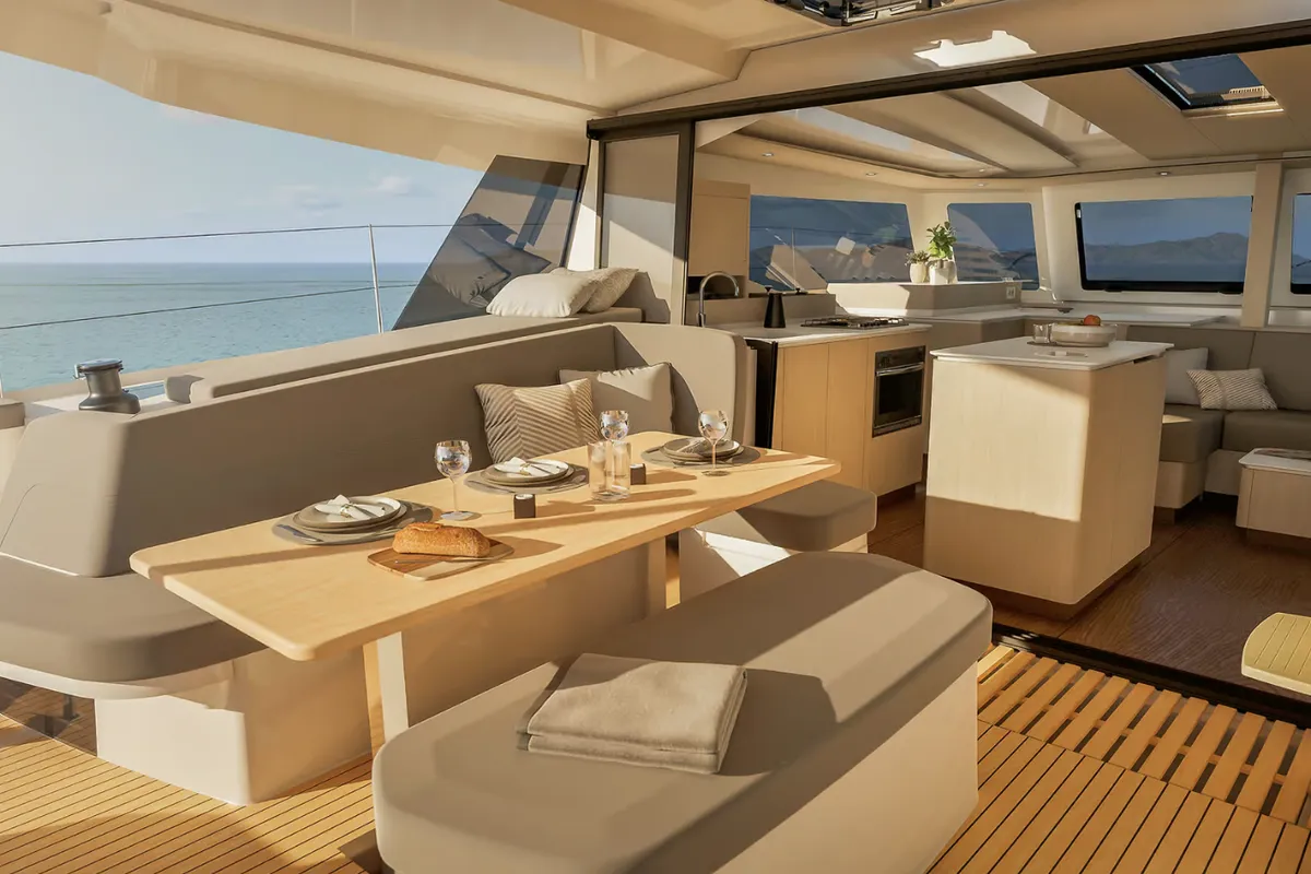 Deck of Keep It Movin', a Fountaine Pajot FP 41 Maesto 3 catamaran at Road Town, British Virgin Islands