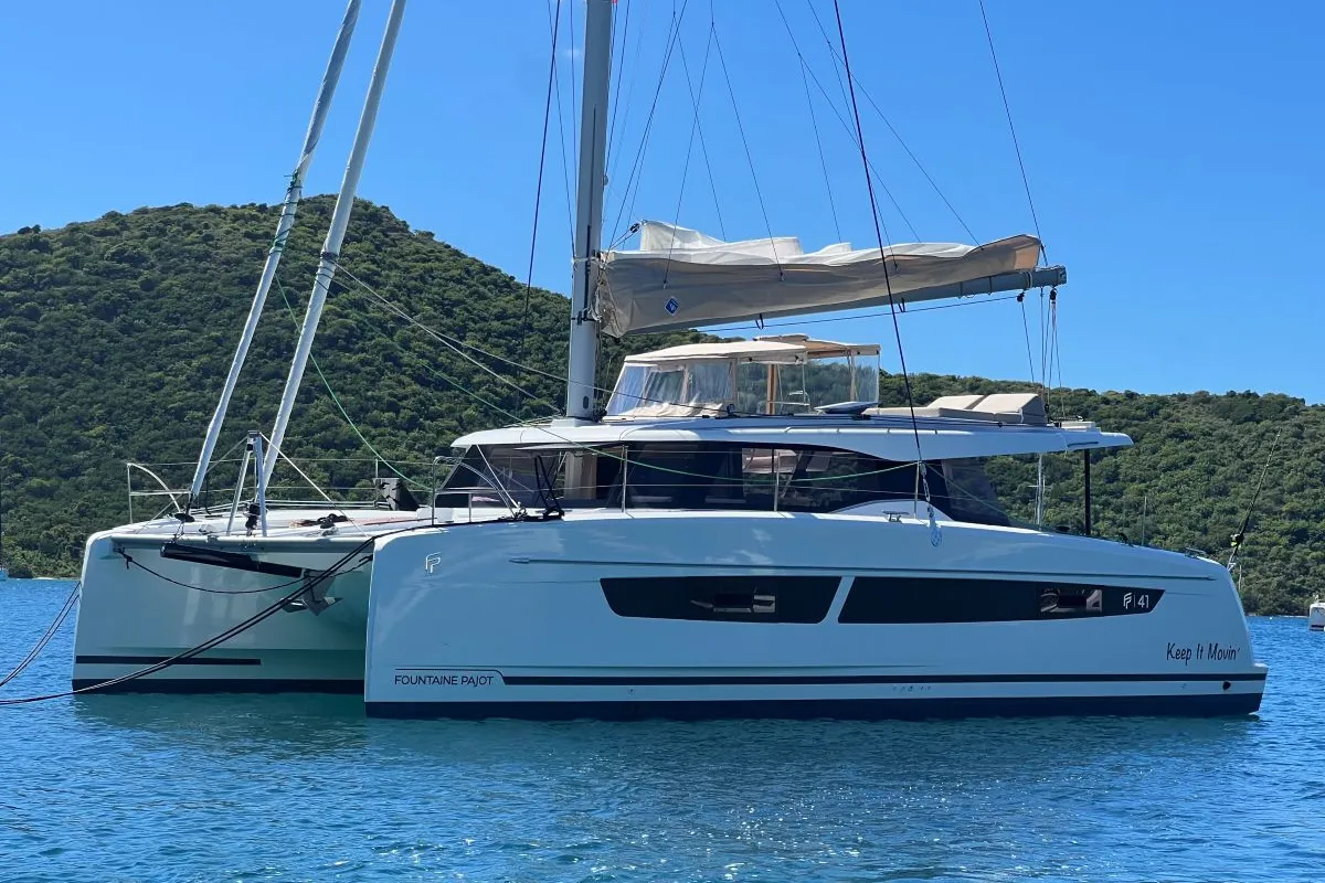 Exterior view of Keep It Movin', a Fountaine Pajot FP 41 Maesto 3 catamaran at Road Town, British Virgin Islands